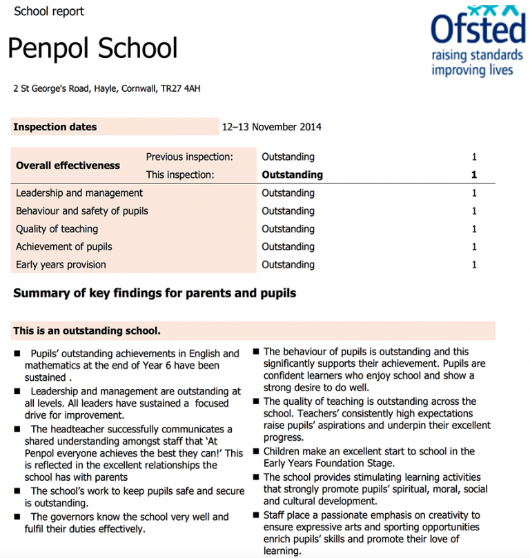 Summary of Key Findings Ofsted 2014 Penpol Primary School